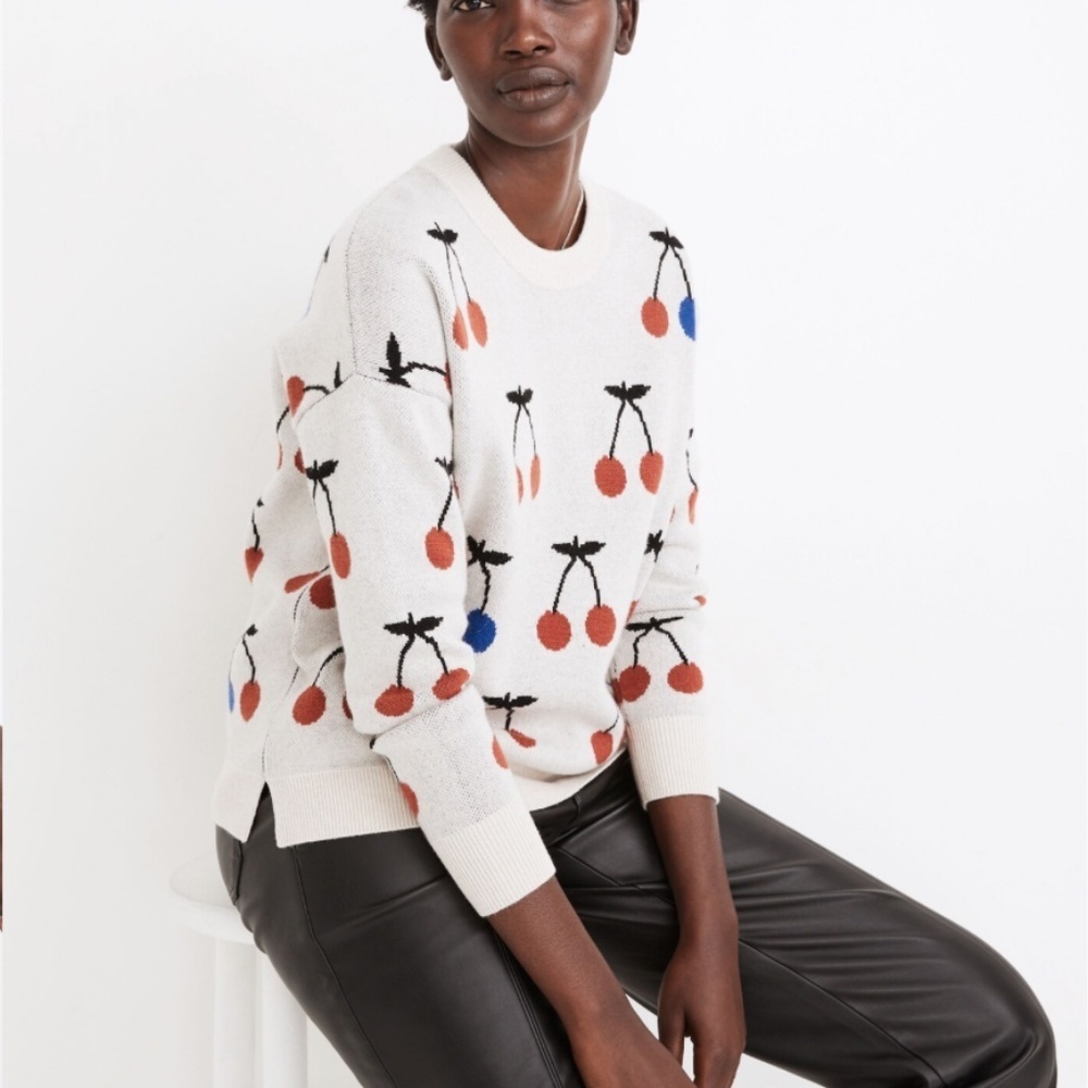 Madewell Cherry Jacquard Pullover Sweater Heather Cement Size Extra Small XS